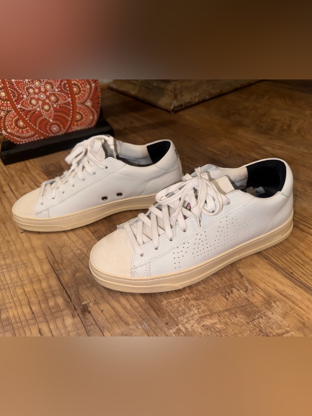 P448 White Leather Low-Top Sneakers with Cream Sole and Black Collar